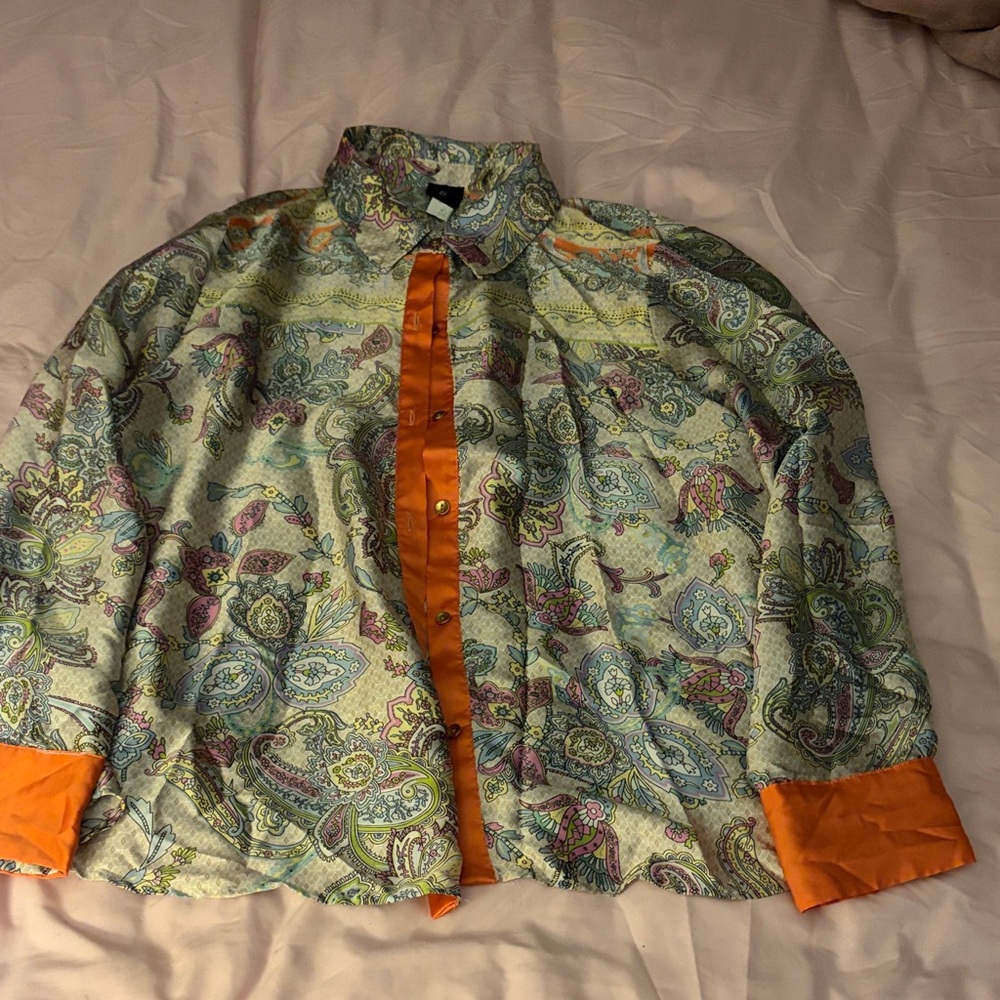Paisley Button-Up Blouse with Orange Trim silk material